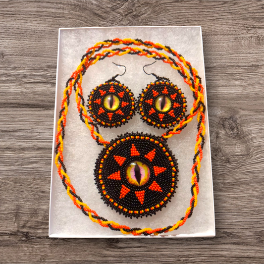 Beaded Dragons Eye medallion and earrings set.