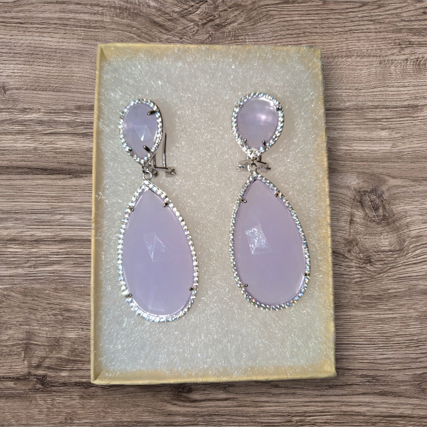 Lavender resin drop earrings with bling edging.